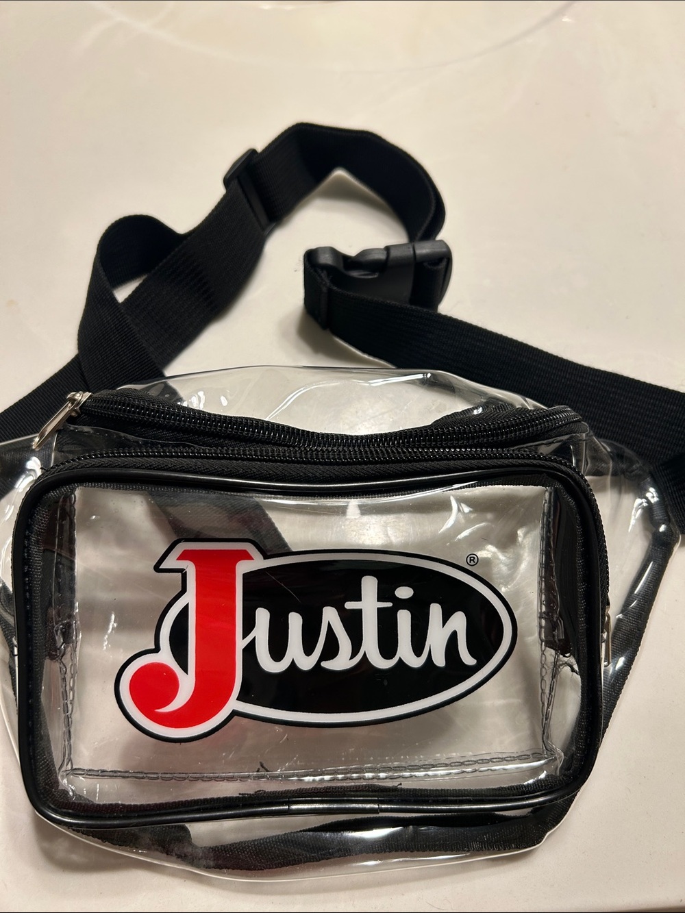 Justin Boots Clear Waist Bag with Black Trim and Red Logo Patch